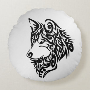Coussins Ronds Loup tribal noir solitaire