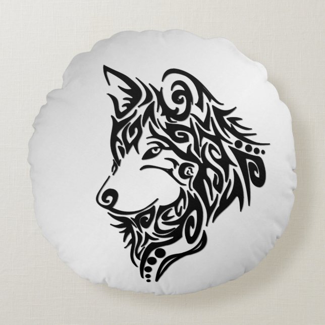 Coussins Ronds Loup tribal noir solitaire (Devant)
