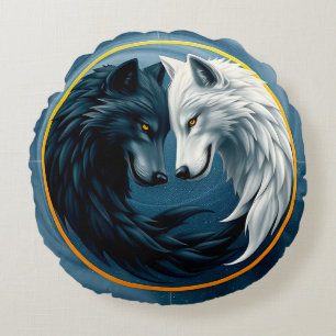 Coussins Ronds Loups blancs et noirs représentant le Yin et le Ya
