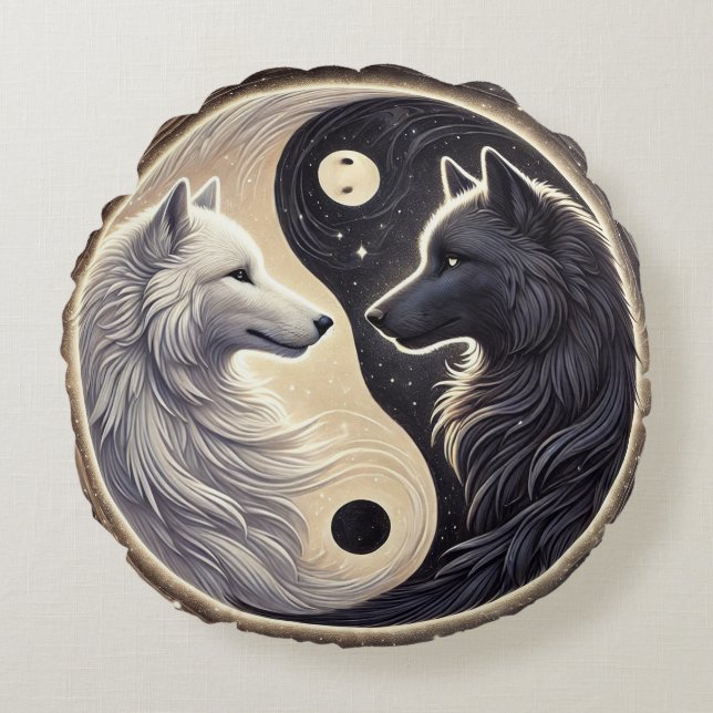Coussins Ronds Loups blancs et noirs représentant Yin et Yang (Devant)