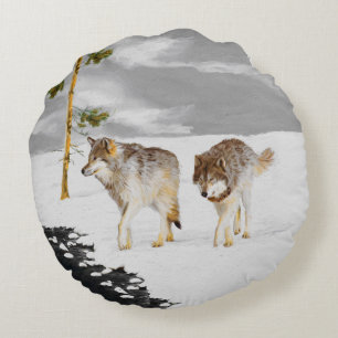 Coussins Ronds Loups en peinture sur neige - Art original de la f