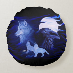 Coussins Ronds Loups et corbeau avec pleine lune