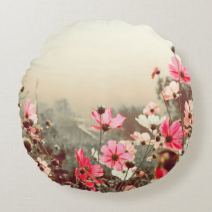 Coussins Ronds Lumière du matin, cosmos rose fleurissant.