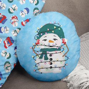 Coussins Ronds Lumières brillantes hiver Merveilles Snowman Noël