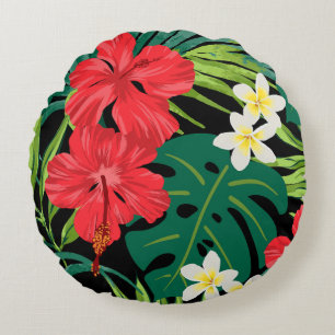 Coussins Ronds Luna Hibiscus Garden Hawaiian - Rouge et Noir