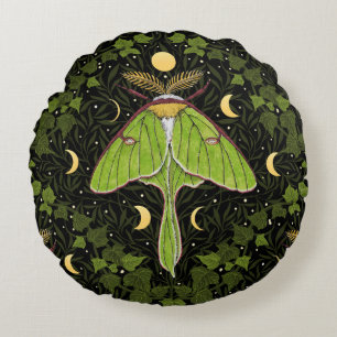 Coussins Ronds Luna moth, phases de lune et damas de lierre 2