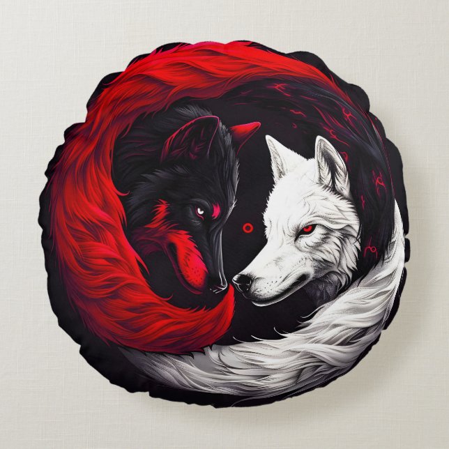 Coussins Ronds Lune Crimson Loup blanc rouge (Devant)
