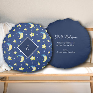 Coussins Ronds Lune de message personnalisée et étoiles bleu