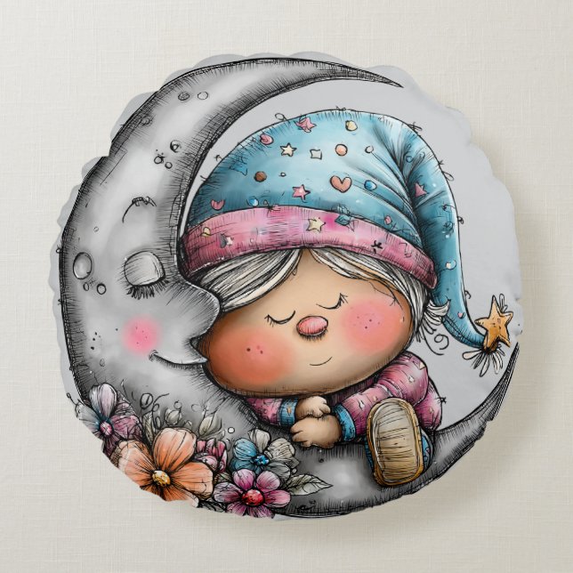 Coussins Ronds Lune endormie et enfant (Devant)