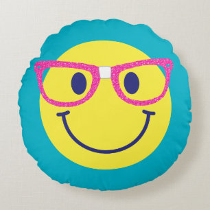 Coussins Ronds Lunettes Nerd amusantes Happy Face Enfants Turquoi