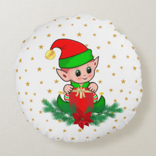 Coussins Ronds Lutin de Noël, pin, poinsettia et étoiles Rond