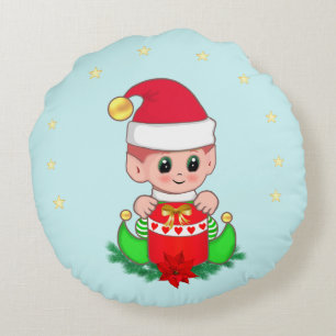 Coussins Ronds Lutin de Noël, poinsettia et étoiles sur fond bleu