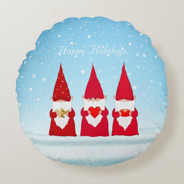 Coussins Ronds Lutins de Noël sur fond bleu clair (Devant)