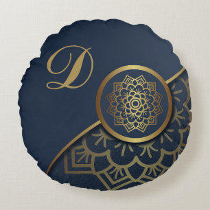 Coussins Ronds Luxe personnalisé Mandala Art Blue
