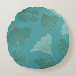 Coussins Ronds Luxueux or Ginkgo, papier peint vintage.