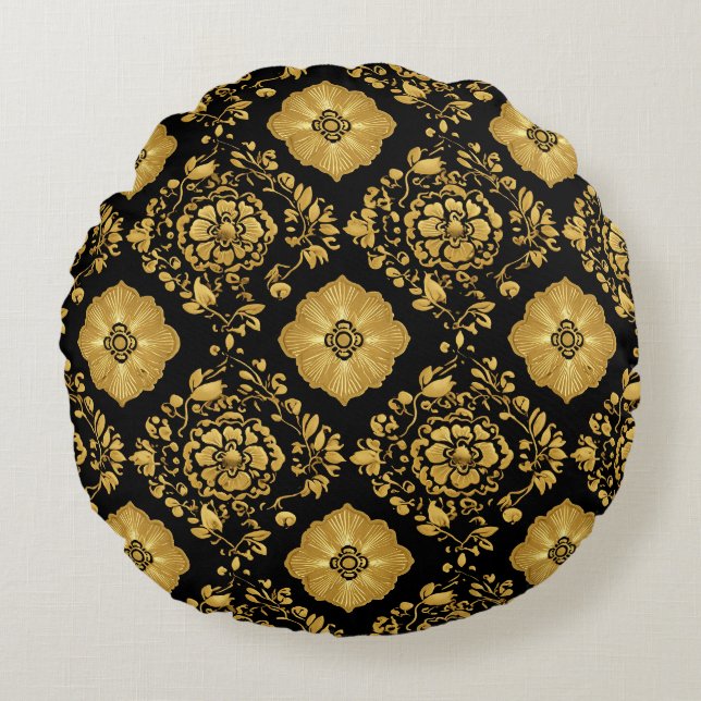 Coussins Ronds Luxury Gold Floral Damask Pattern On Black (Devant)