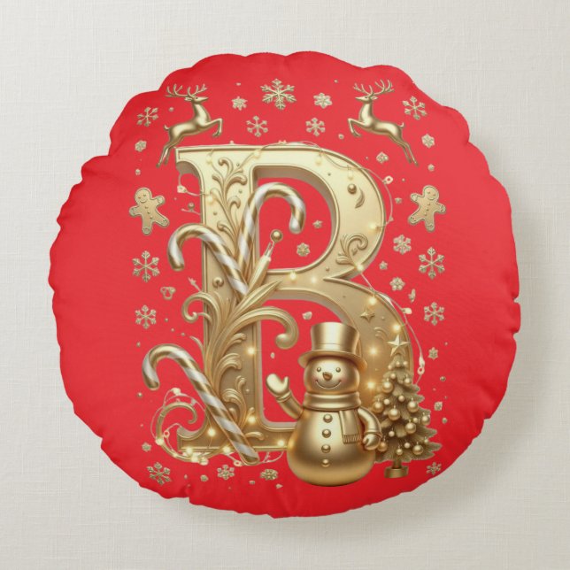 Coussins Ronds Luxury Gold Letter B Snowman Red Round Pillow (Devant)