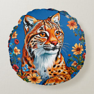 Coussins Ronds Lynx à la fourrure orange vibrante