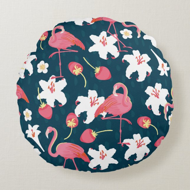 Coussins Ronds Lys Flamant rose : Design Vintage tropical. (Devant)