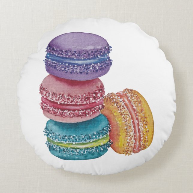 Coussins Ronds Macarons Arc-En-Ciel Cute En Aquarelle (Devant)