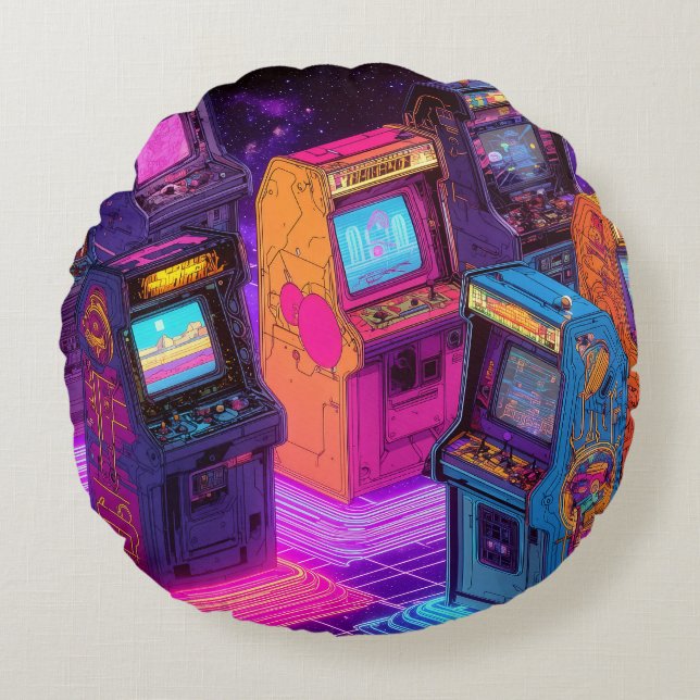 Coussins Ronds Machines de jeux vidéo rétro (Devant)