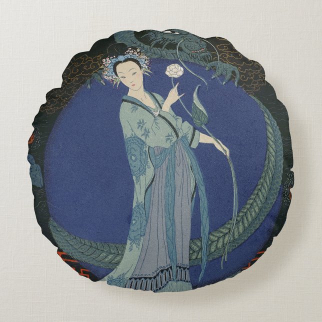 Coussins Ronds Madame avec un dragon (litho de couleur) (Devant)