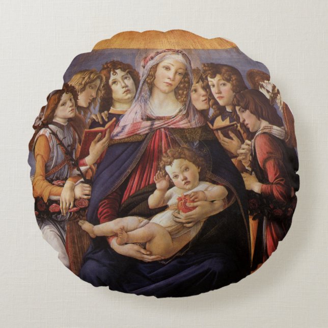 Coussins Ronds Madone et Enfant avec des Anges par Sandro Bottice (Devant)