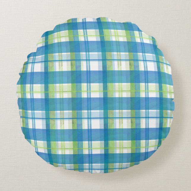 Coussins Ronds Madras Plaid Green et Blue (Devant)