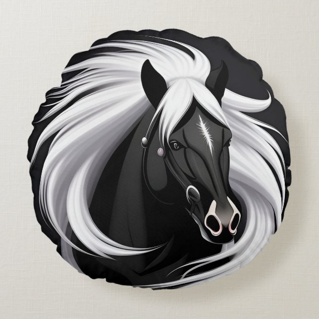 Coussins Ronds Magnifique Cheval Noir (Devant)