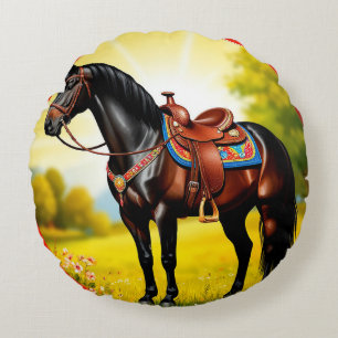 Coussins Ronds Magnifique cheval noir avec selle