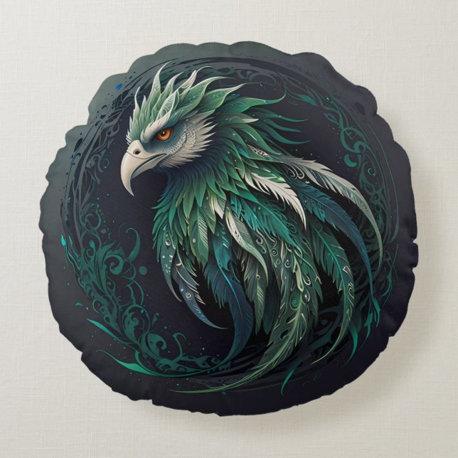 Coussins Ronds Magnifique Dessin De Phoenix Vert Mignon (Devant)