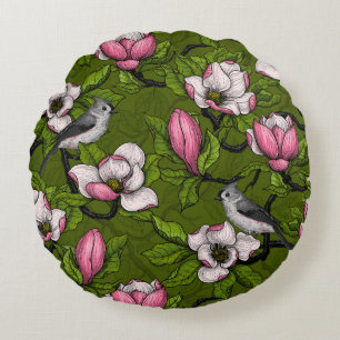 Coussins Ronds Magnolia en floraison et oiseau de tireur 2