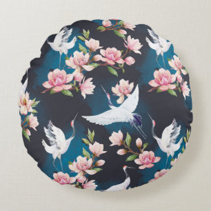 Coussins Ronds Magnolia Grue Rouge : Aquarelle Japonaise.