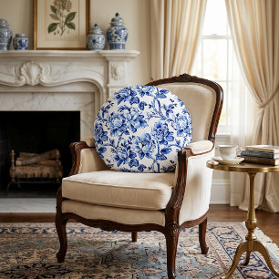 Coussins Ronds Magnolias bleu et blanc Toile de Jouy
