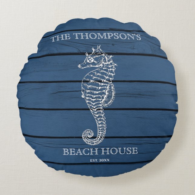 Coussins Ronds Maison de plage Rustique Blue Wood Seahorse Lighth (Devant)