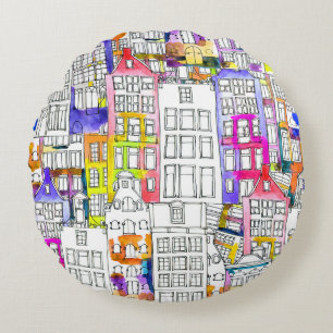Coussins Ronds Maisons d'Amsterdam : Aquarelle Motif sans couture