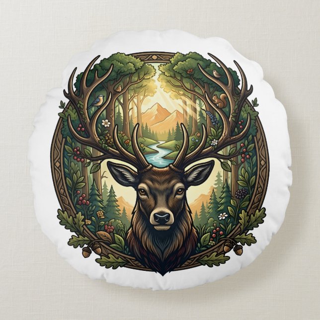 Coussins Ronds Majestic Forest Stag Nature Wildlife Art (Devant)