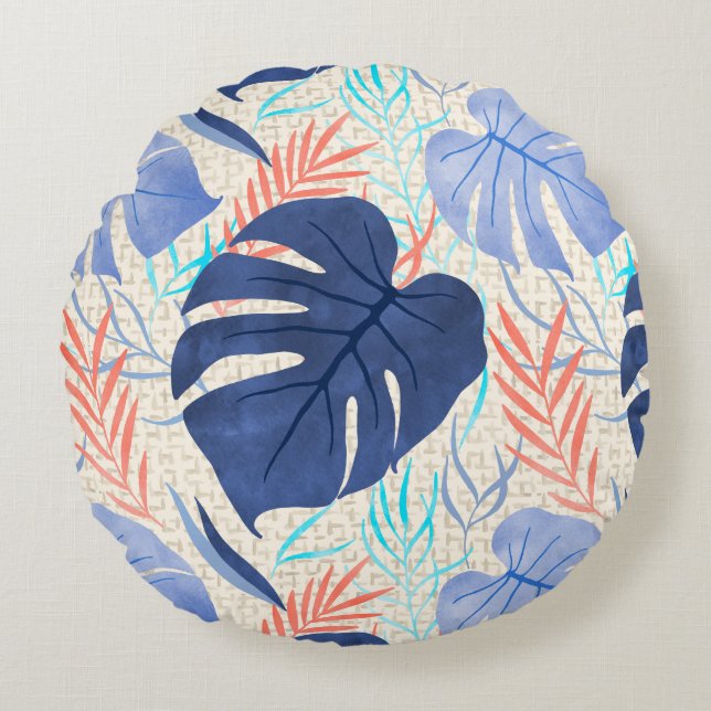 Coussins Ronds Maleah Monstera Tropical Hawaiian Watercolor- Blue (Devant)