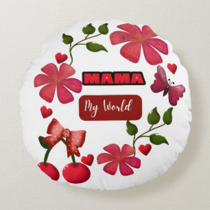 Coussins Ronds Maman Mignonne Design Fleurs Cerises et Cœurs S