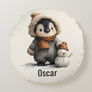 Coussins Ronds Manchot d'hiver avec motif de bonhomme de neige