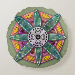 Coussins Ronds Mandala 8 pétales de fleurs vertes sur fond rouge