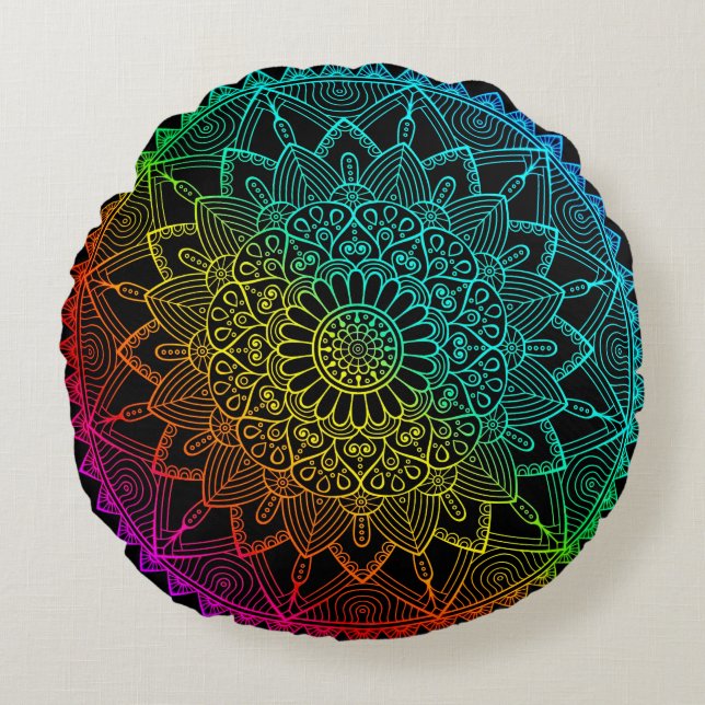 Coussins Ronds Mandala Arc-en-ciel noir (Devant)