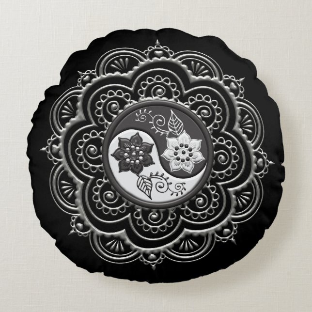 Coussins Ronds Mandala argent et noir (Devant)