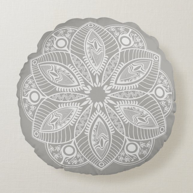 Coussins Ronds Mandala blanc exotique sur fond gris (Devant)
