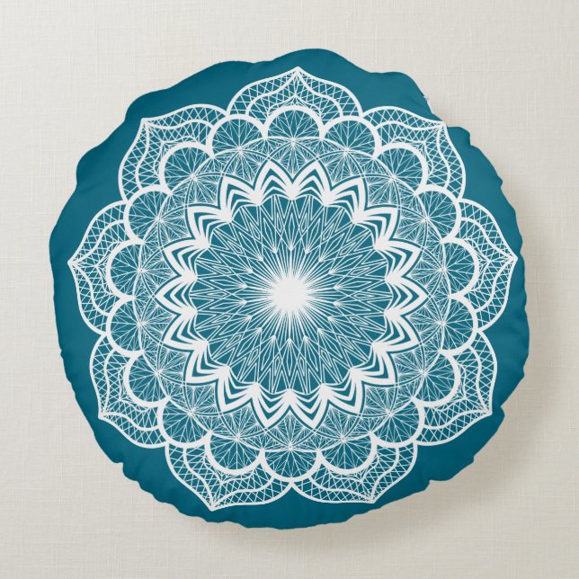 Coussins Ronds Mandala blanc sur fond bleu (Dos)