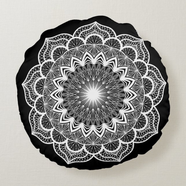 Coussins Ronds Mandala blanc sur fond noir (Dos)