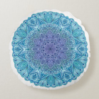 Coussins Ronds Mandala bleu d'aquarelle
