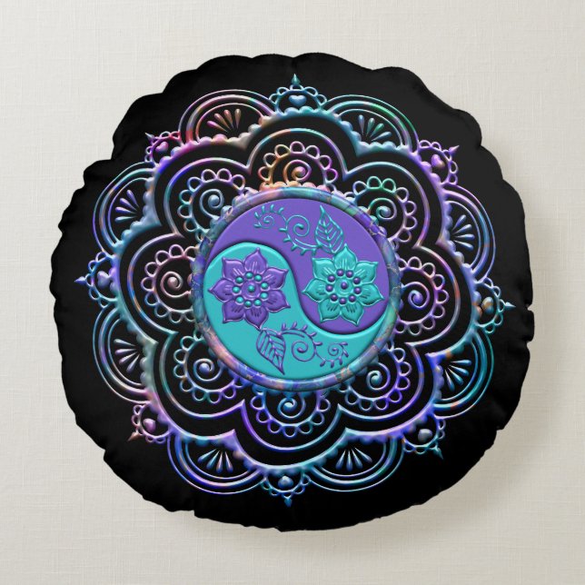 Coussins Ronds Mandala bleu et violet (Devant)