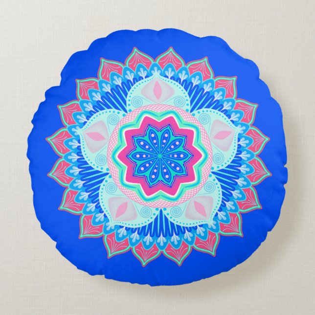 Coussins Ronds Mandala bleu rose sur fond bleu (Devant)