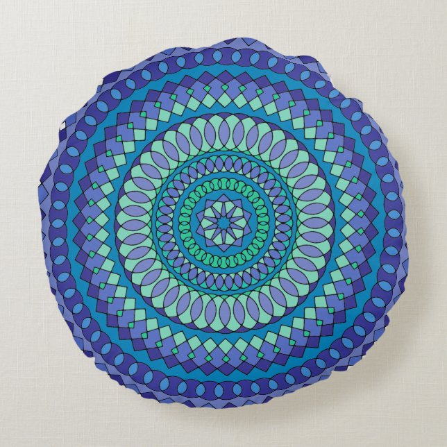 Coussins Ronds Mandala bleu turquoise et sarcelle  (Dos)